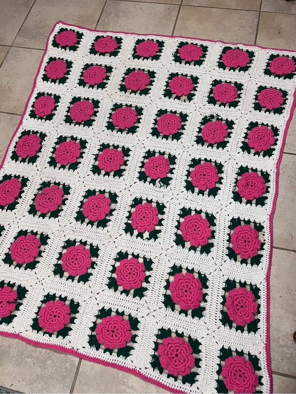 Handmade Crochet Rose Granny Square Throw Blanket Pink Floral Cottagecore 55x65